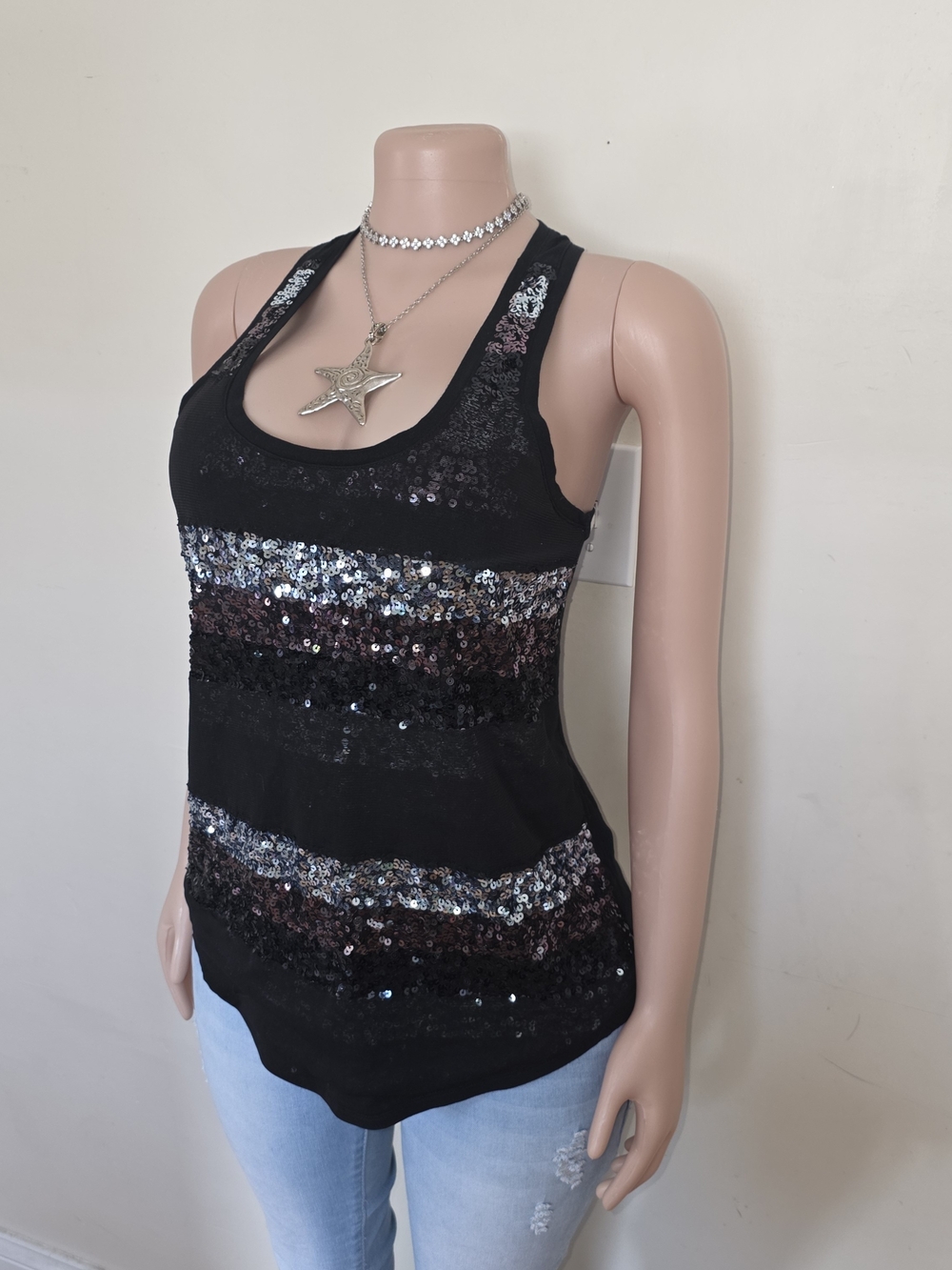 Express Black Sequin Racerback Tank Top - Picture 2 of 4